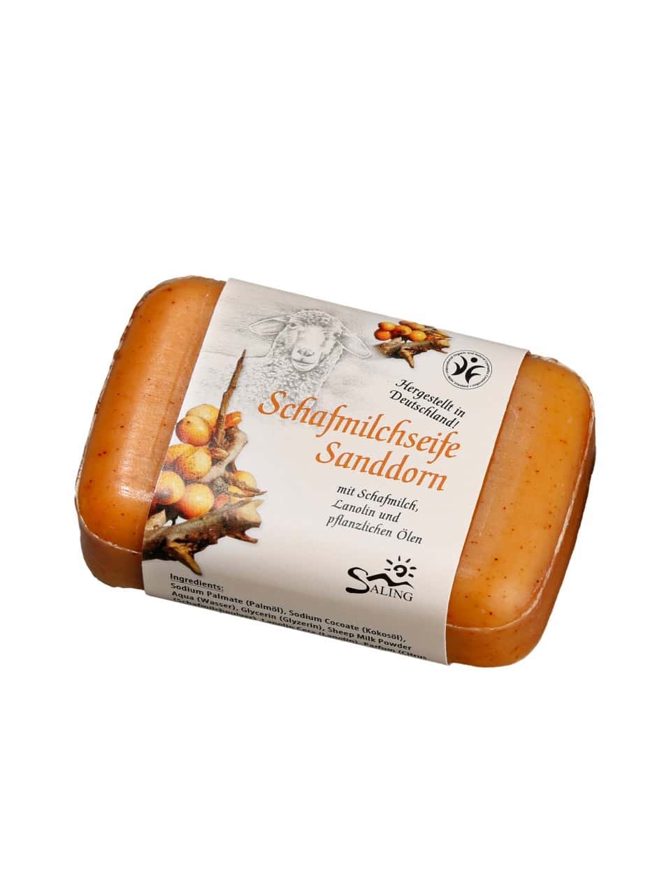 Saling Schafmilchseife eckig mit Lanolin Sanddorn Saling Schafmilchseife eckig mit Lanolin Sanddorn